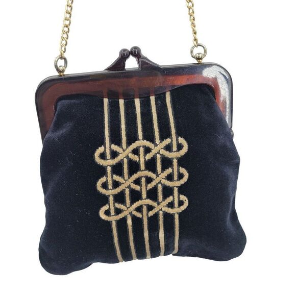 1940's Evening Bag Velvet Art Deco Mid Modern Century Asian Framed Kiss Black - Picture 6 of 13